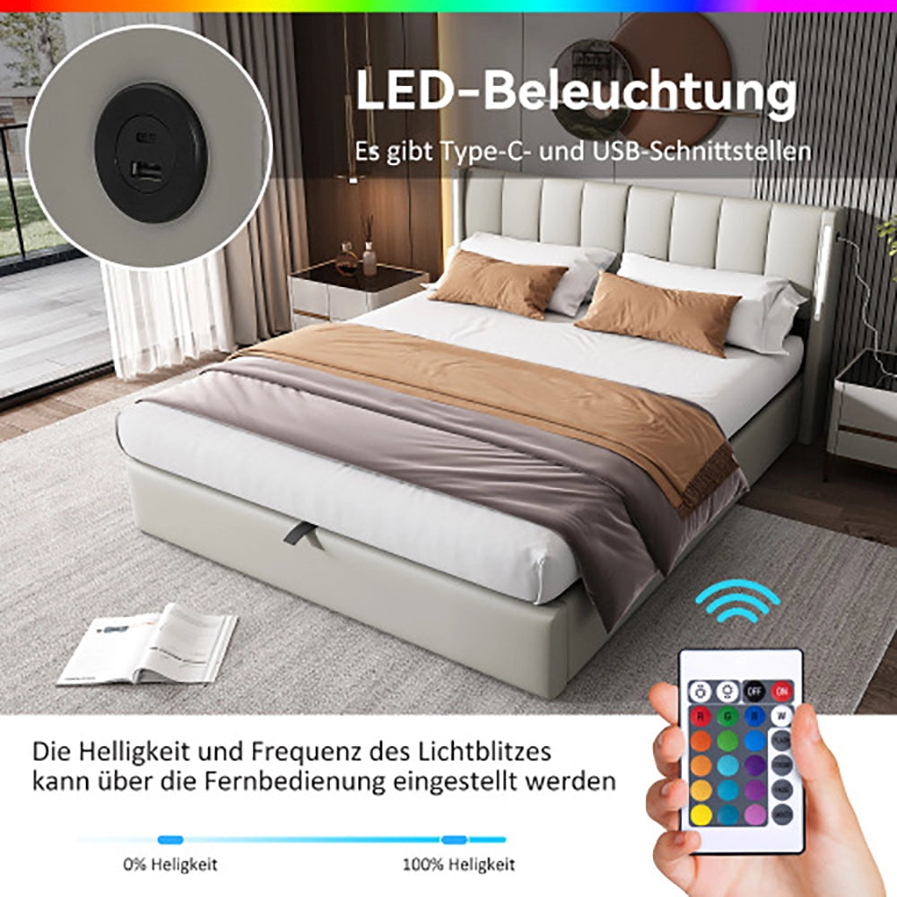 Letto imbottito LED con testiera regolabile - Xylo - 160x200 cm - Grigio - Alimentazione USB e idraulico