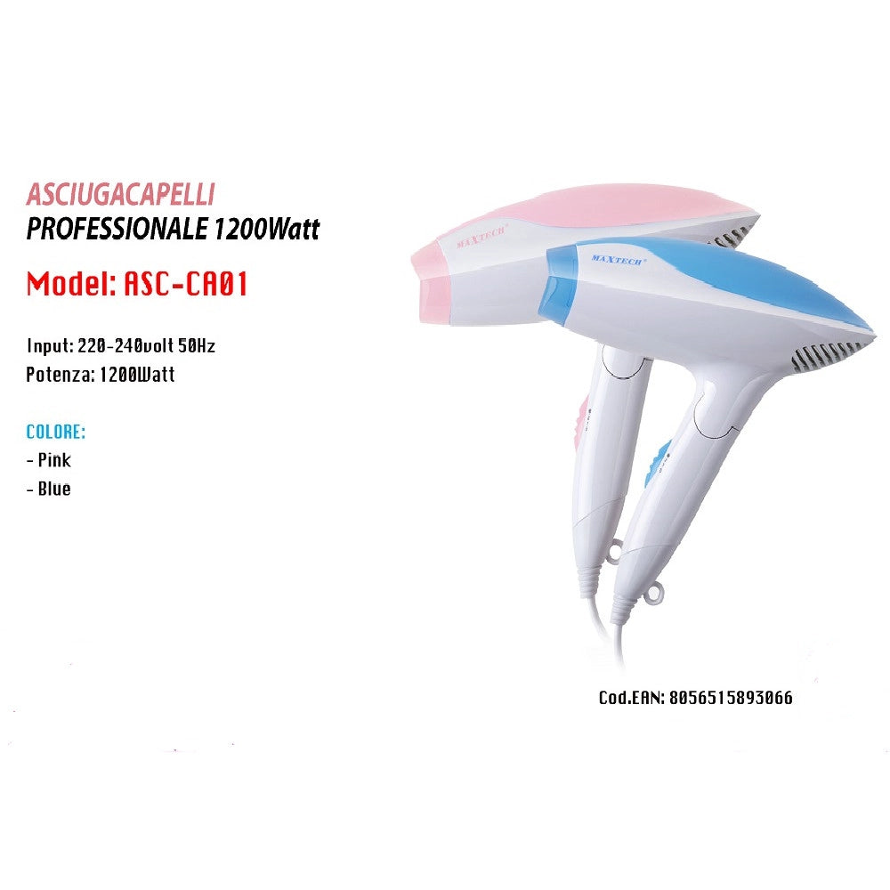 Trade Shop - Asciugacapelli Professionale Maxtech Da Viaggio Pieghevole 1200w Capelli Asc-ca01 -