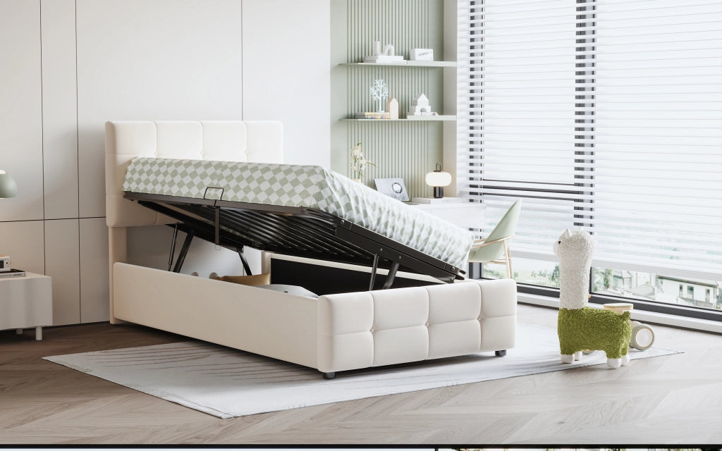 Letto imbottito per bambini 90x200 cm in velluto, con contenitore idraulico, testiera regolabile, beige