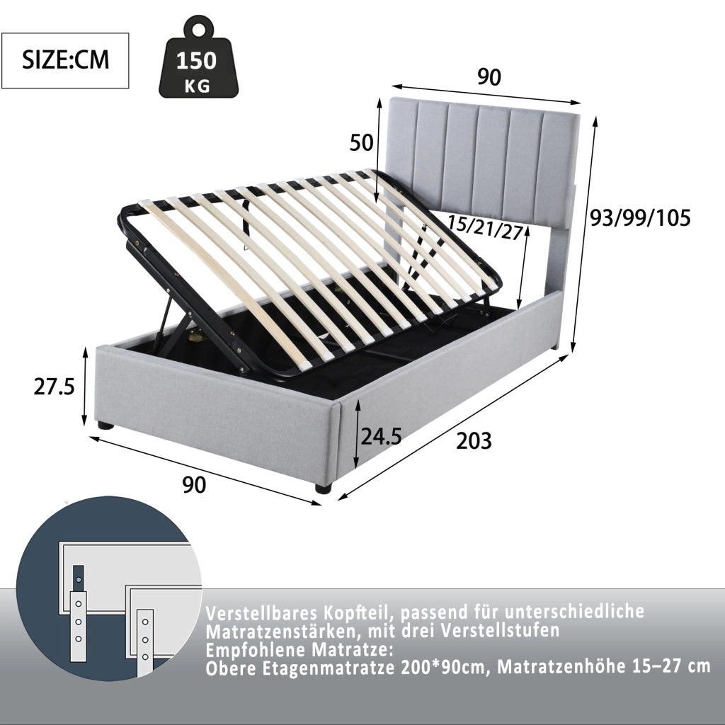 LETTO Contenitore Idraulico 90x200 cm Imbottito Grigio