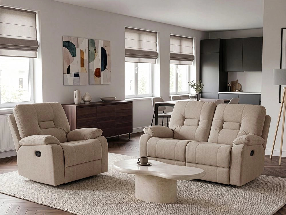 Set da salotto poltrona a 2 posti tortora beige reclinabile con schienale e poggiapiedi regolabili manualmente