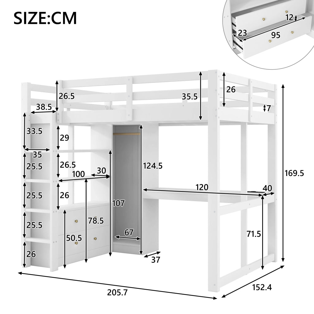 LETTO A CASTELLO 140x200 con scrivania, 2 cassetti, ripiani, bianco