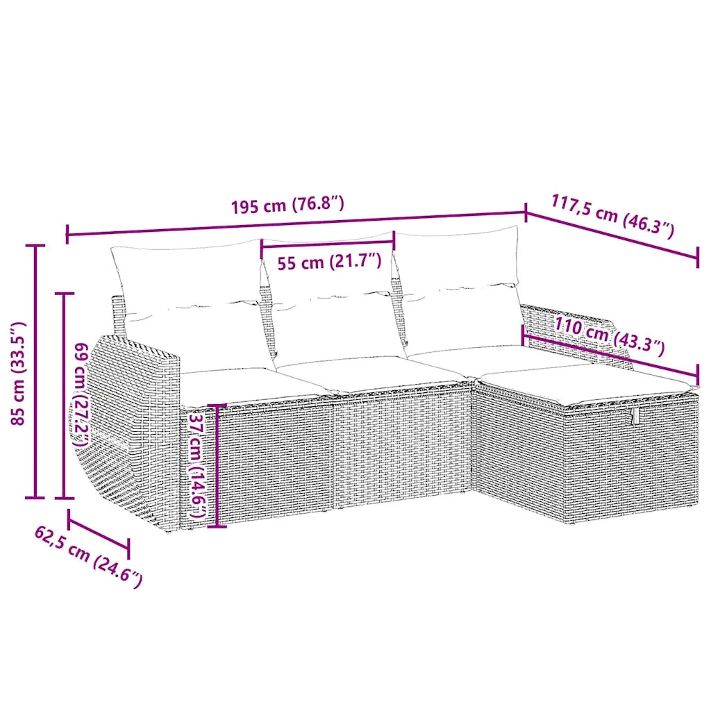 Set Divano da Giardino 4pz con Cuscini Grigio Chiaro Polyrattan 3264068