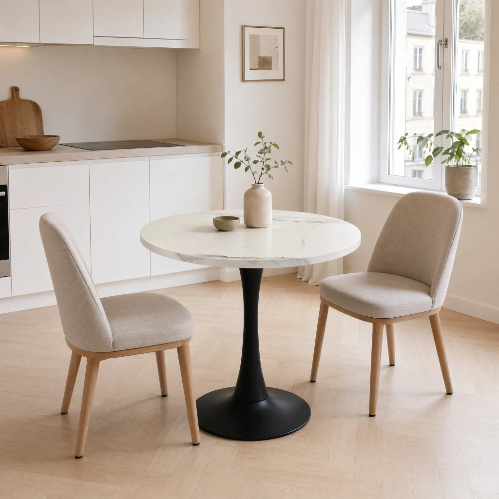 Tavolo rotondo moderno da 80 cm con piano effetto marmo bianco e base in metallo nero