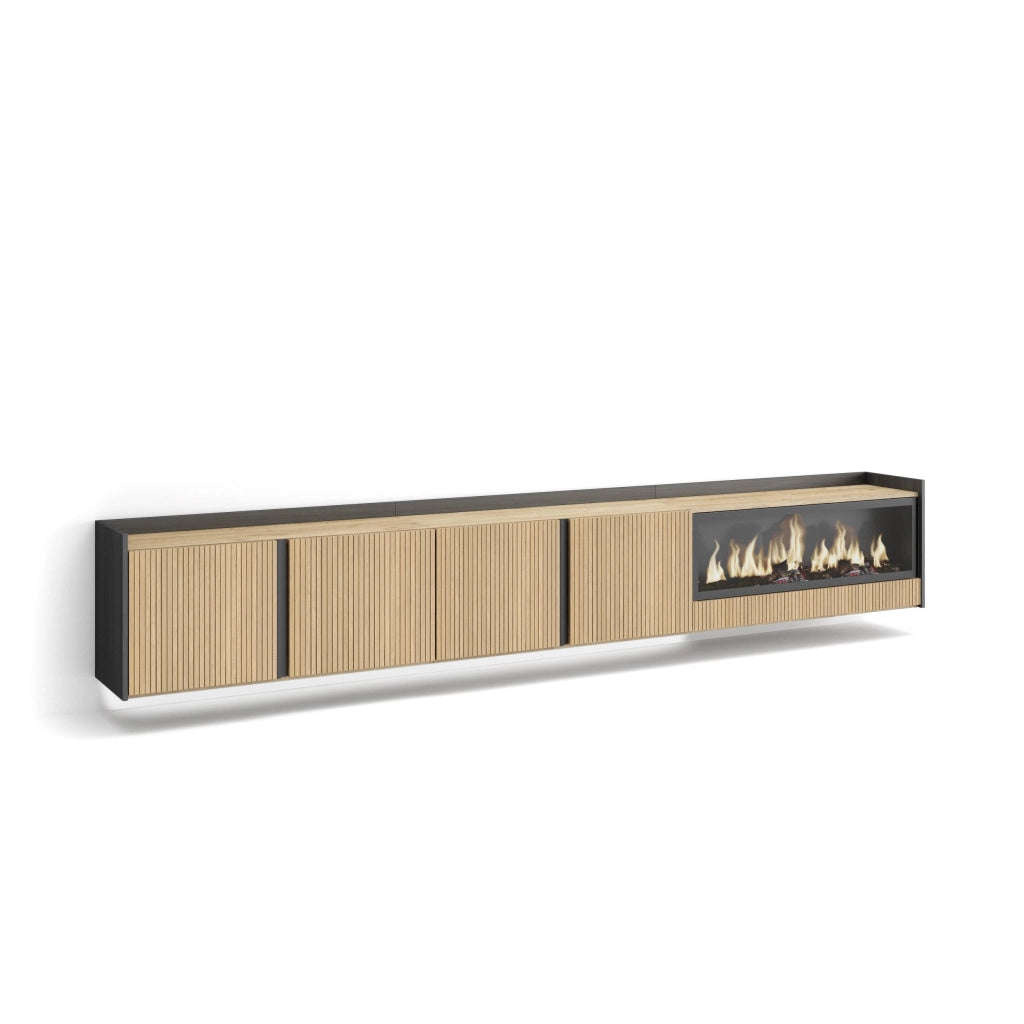 Mobile TV Soggiorno, 315x50x35 cm, Per TV fino a 80", Camino elettrico XXL, Sospeso, da appendere, Led, Rovere e nero