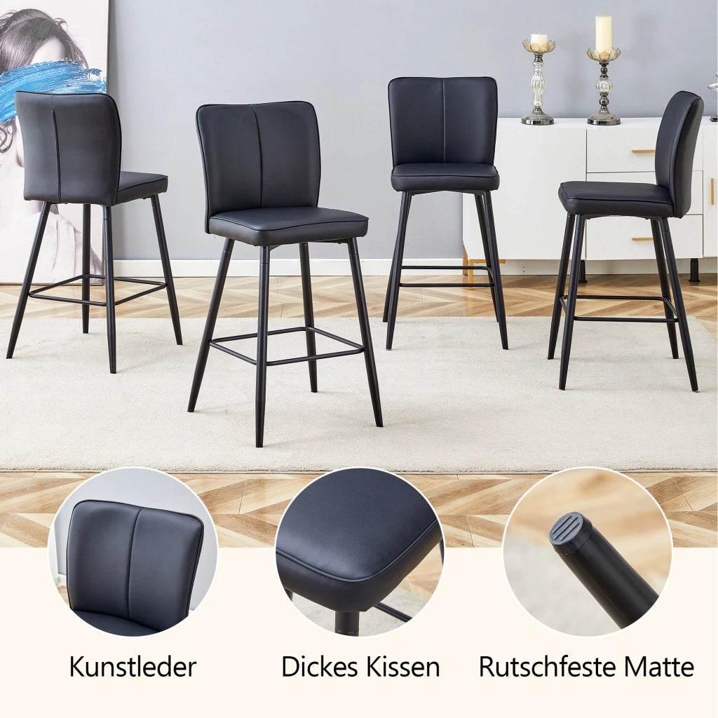 Set di 2 Sgabelli da Bar con Schienale Ergonomico e Poggiapiedi; Piedini Regolabili; Metallo e PU; Nero