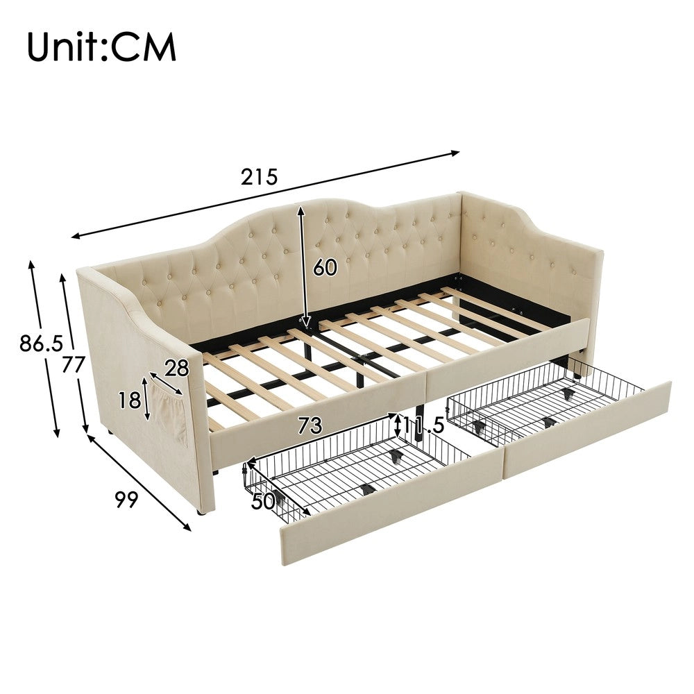Letto Imbottito Contenitore con USB e 2 Cassetti ¨C MINIMAL ¨C Velluto Beige 90x200