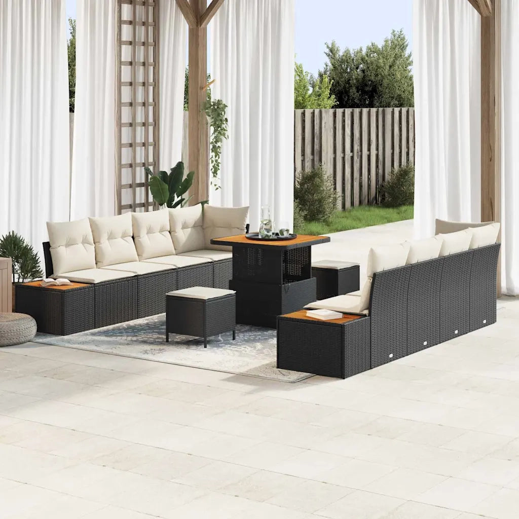 Set Divano da Giardino con cuscino 11 pcs Nero Poly Rattan