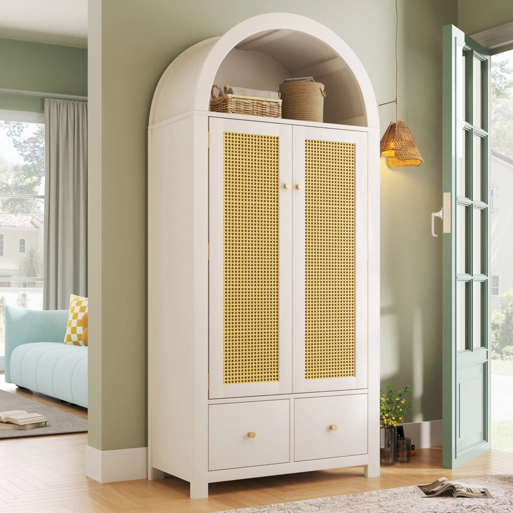 Armadio Guardaroba Bianco 78×45×181 cm con Ante in Rattan; Cassetti; Barra Appendabiti e Design Country Chic