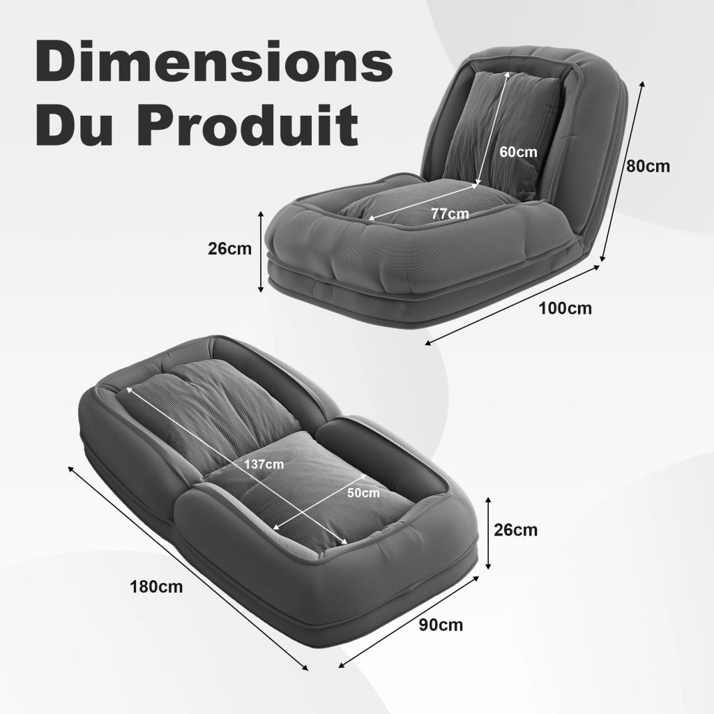 Divano letto pieghevole ergonomico con schienale regolabile a 5 posizioni in tessuto grigio