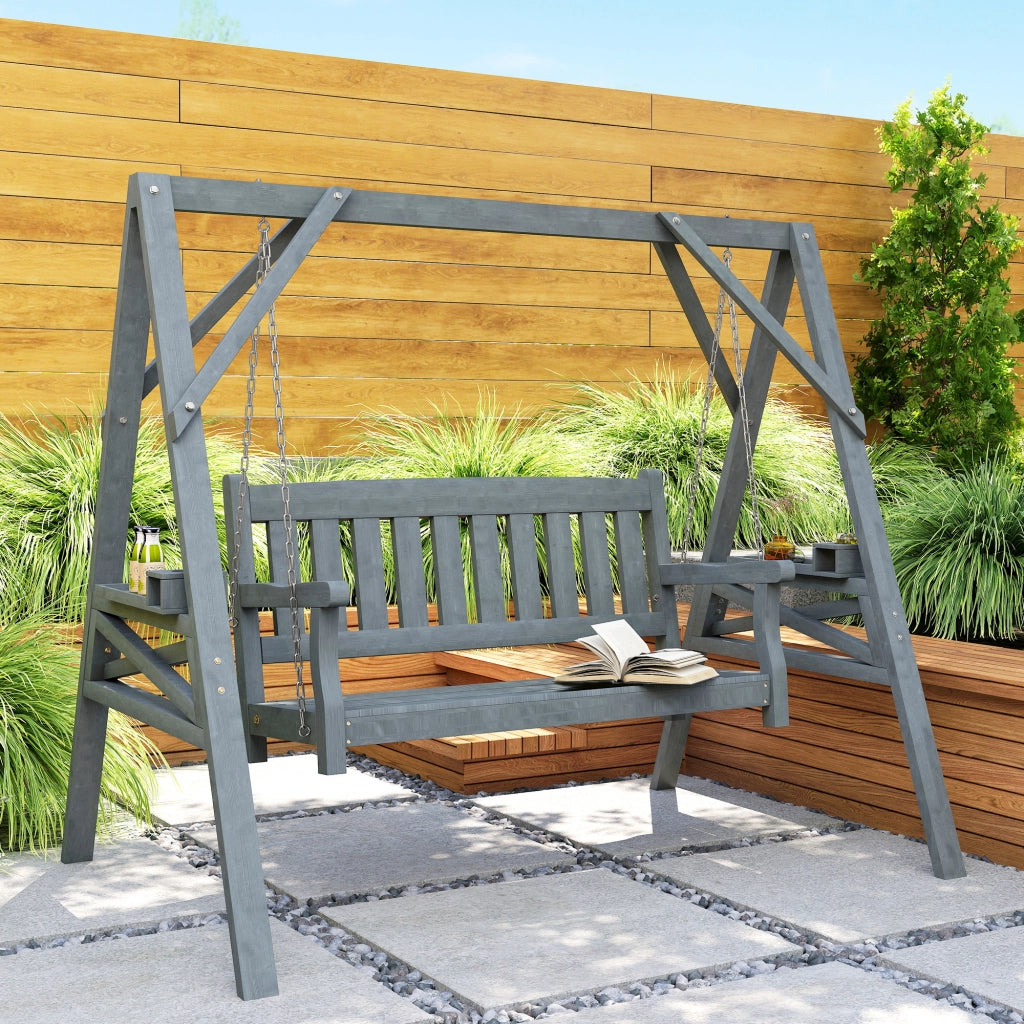 Dondolo da giardino 2 posti ¨C Xylo ¨C legno grigio con portabicchieri e ripiani