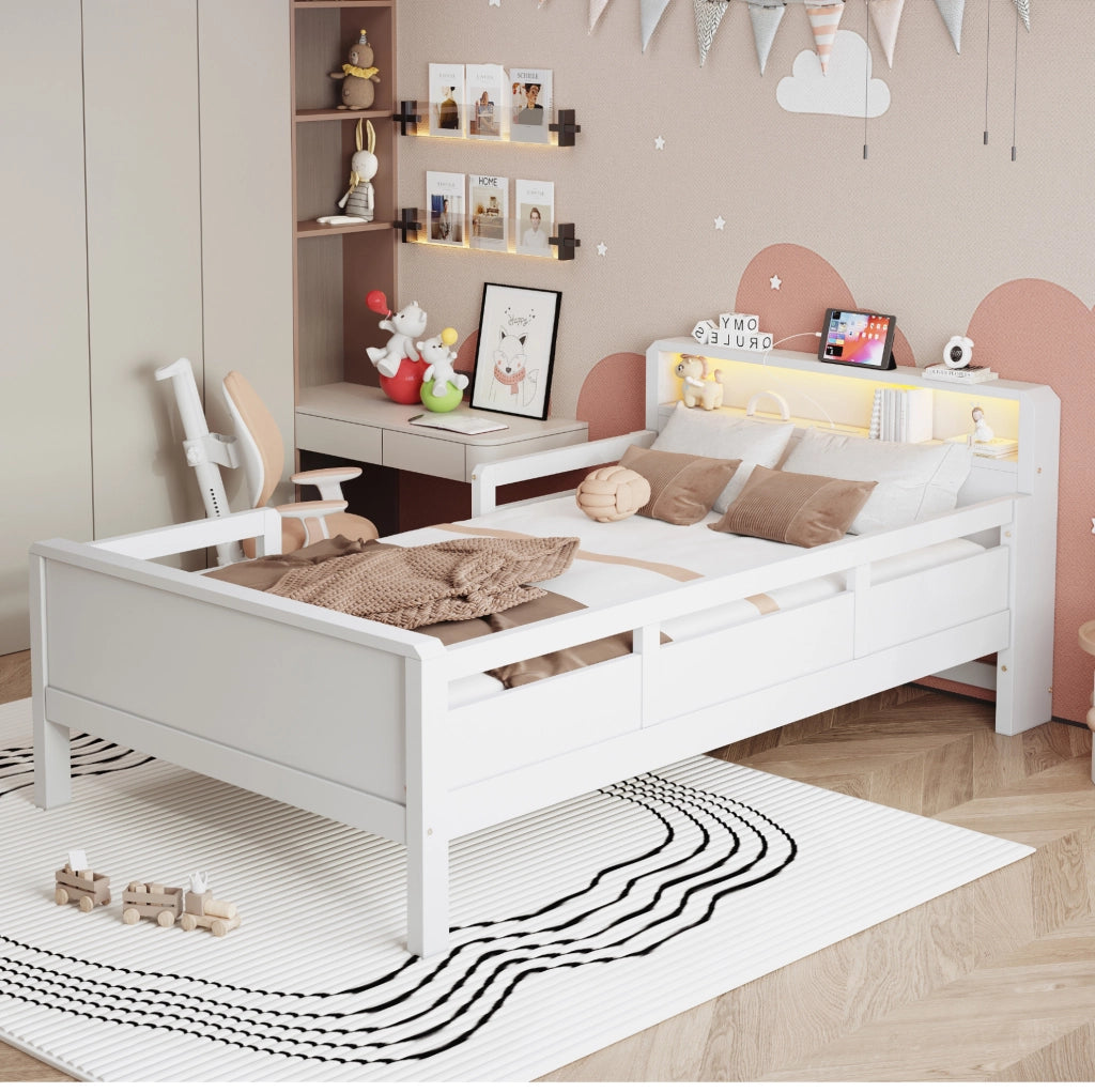 Letto singolo per bambini 90x200 cm con LED, USB-C e testiera con vano