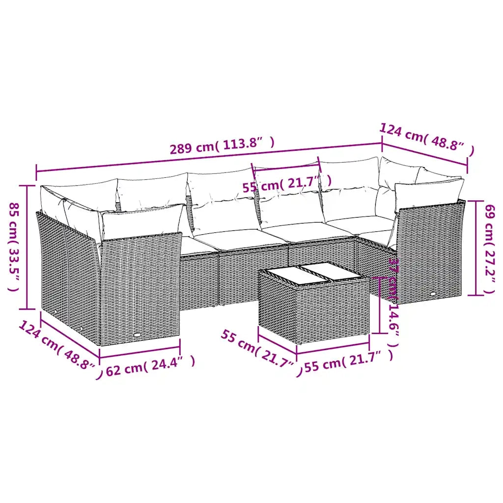 Set Divani da Giardino 8 pz con Cuscini Marrone in Polyrattan