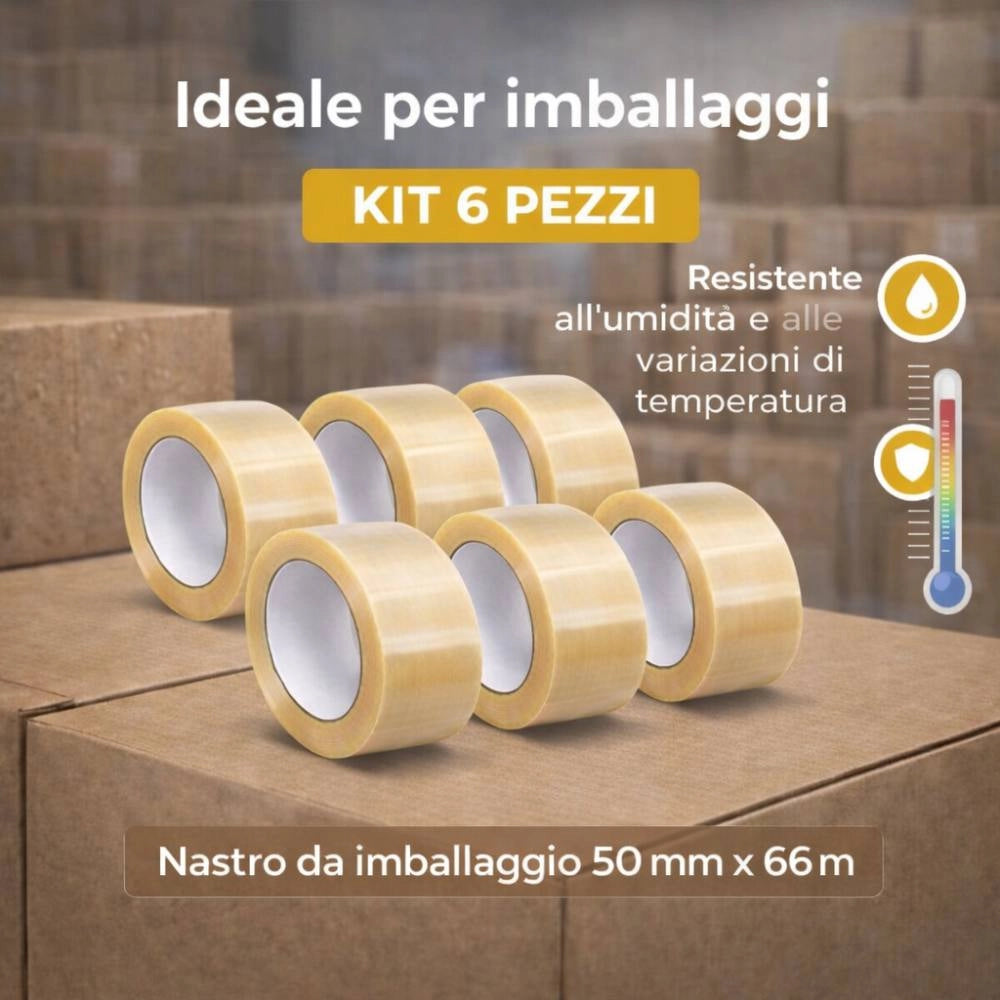Kit nastro adesivo silenzioso trasparente per imballaggio 50mm x 66mt