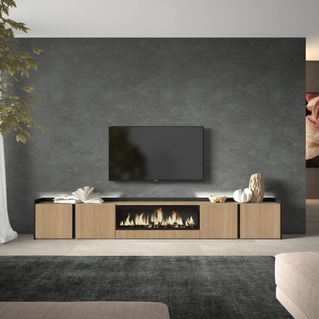 Mobile TV Soggiorno, 315x50x35 cm, Per TV fino a 80", Camino elettrico XXL, Led, Rovere e nero