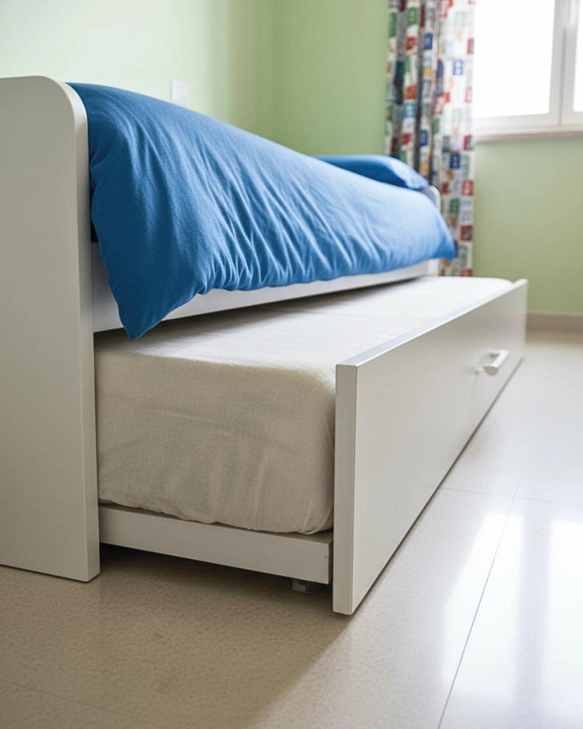 Letto attrezzato Jonny - Letto salvaspazio moderno per cameretta - Struttura bianco - Letto estraibile inferiore - Rete a doghe inclusa e materassi esclusi_