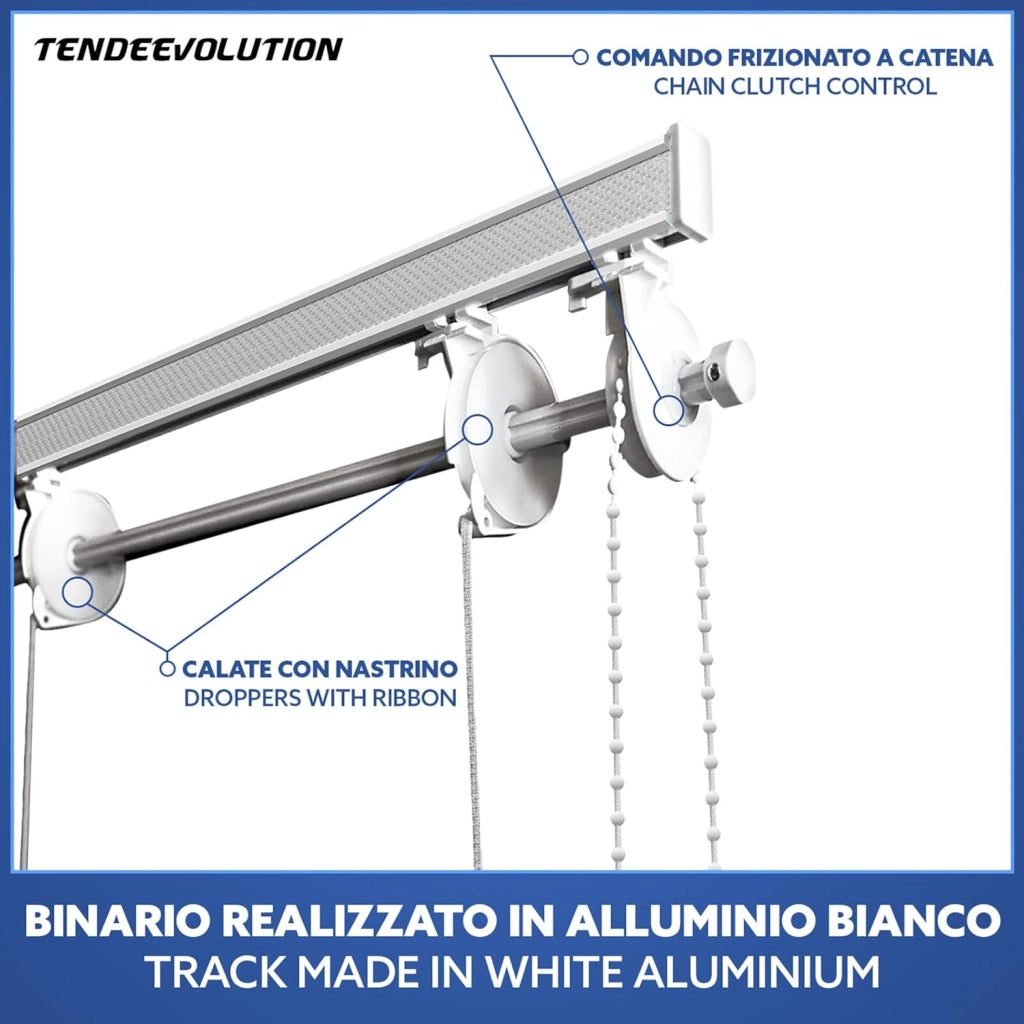 BASTONE BINARIO PER TENDA A PACCHETTO CON 3 CALATE A SGANCIO RAPIDO IN ALLUMINIO BIANCO LUNGHEZZA 120 CM Attacco Parete COMANDO A DESTRA
