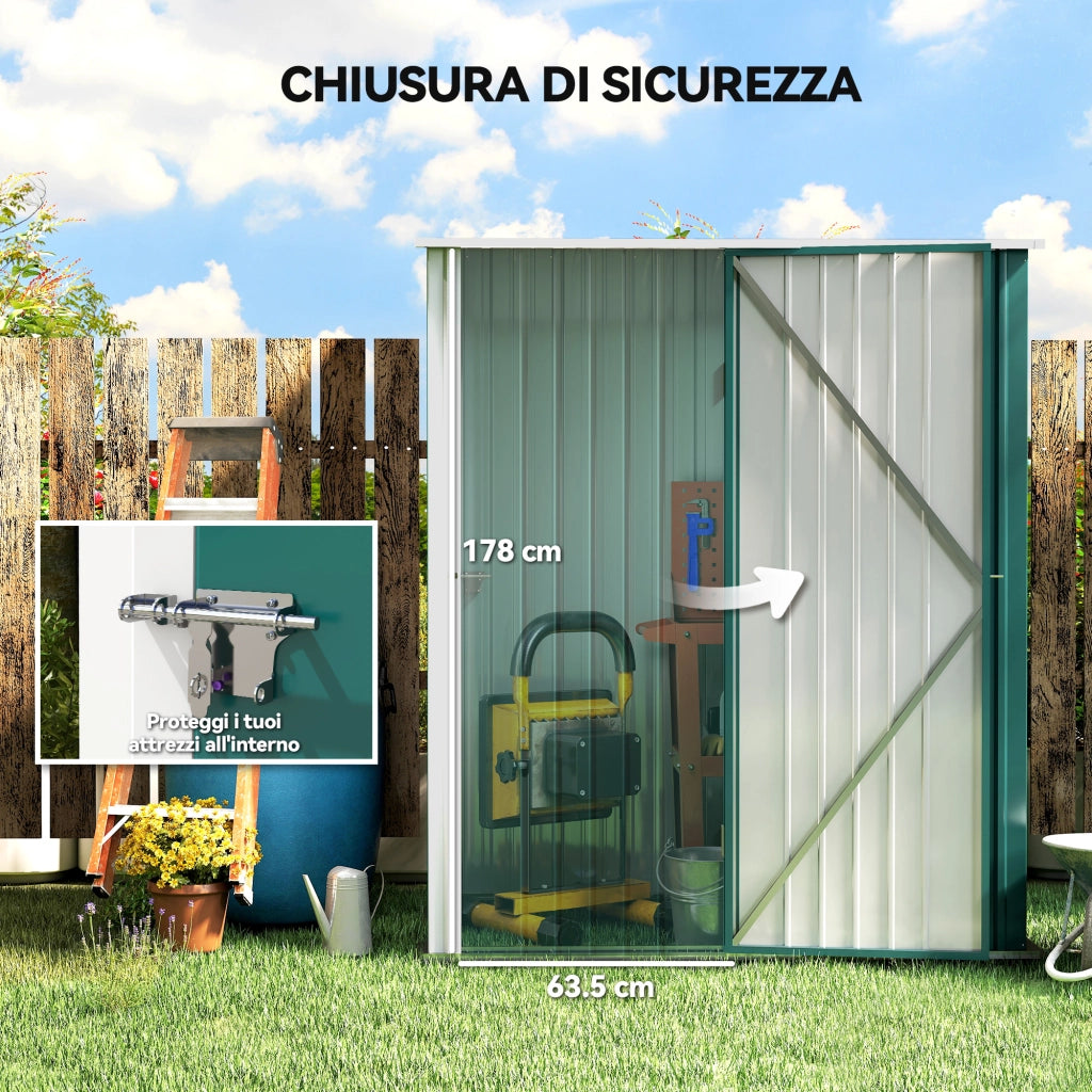 Casetta da Giardino in Acciaio ¨C Xylo ¨C Verde, 161.5x94.5x196cm, Porta Attrezzi con Catenaccio