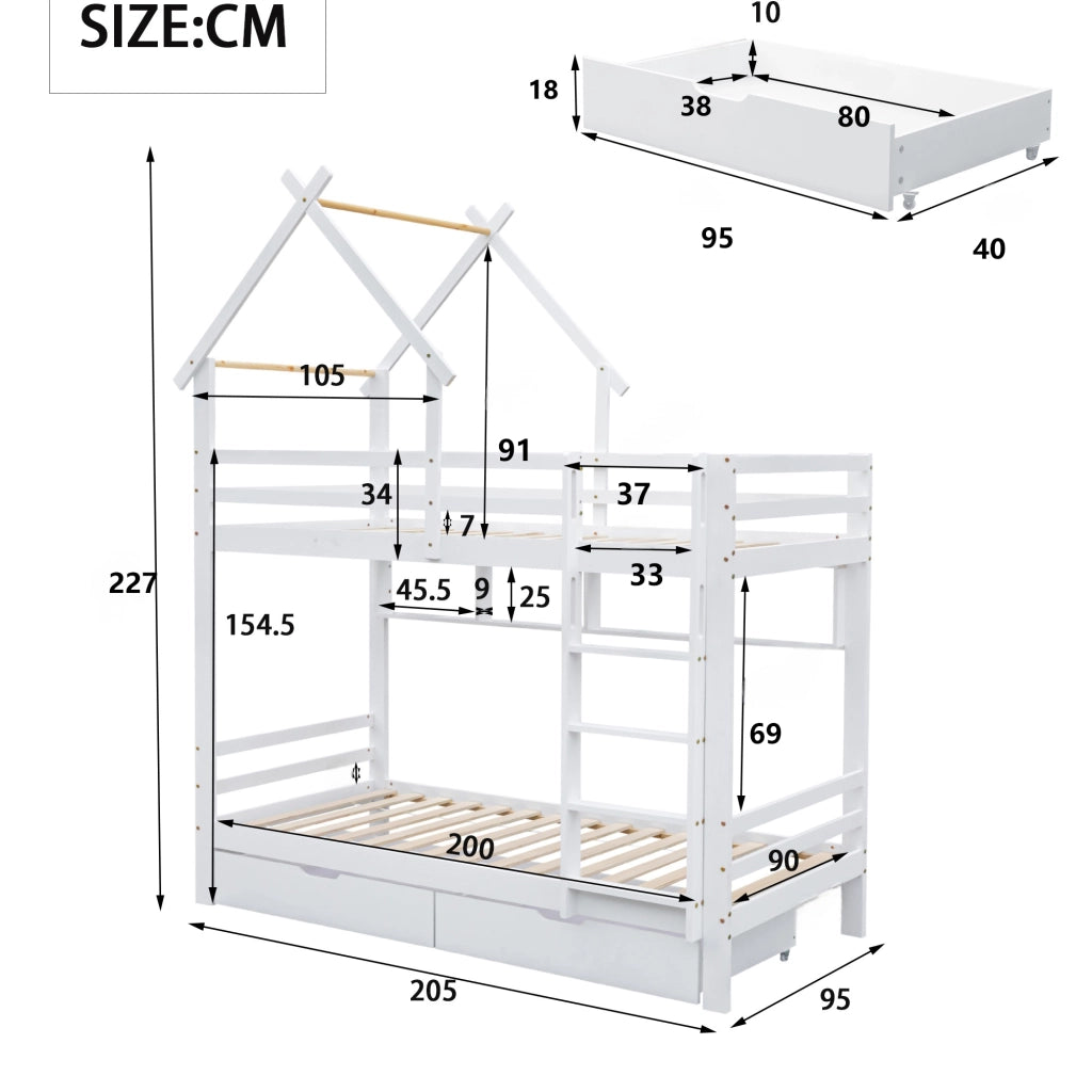 LETTO A CASTELLO con cassetti e ripiani 90x200 cm Bianco Legno massello e MDF
