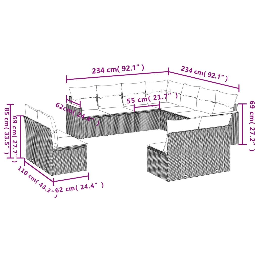 Set Divani da Giardino 11 pz con Cuscini in Polyrattan Nero 3226084