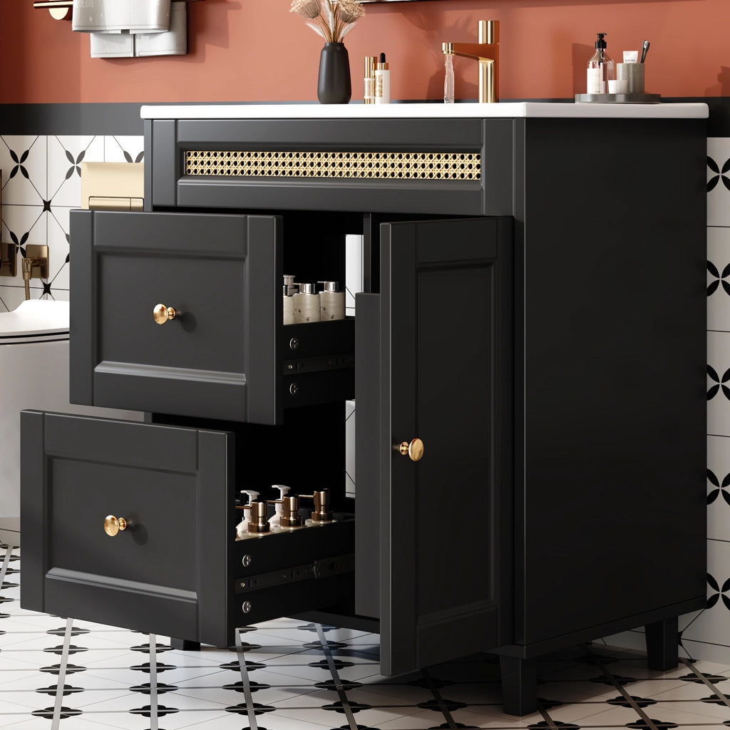 Mobile Sottolavabo da Bagno con Lavabo in Ceramica ¨C MINIMAL ¨C Nero, Cassetti, Ante, 76x46x87
