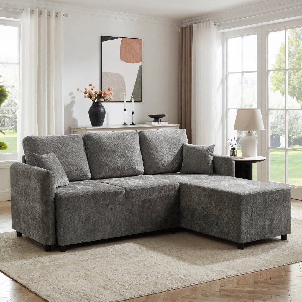 Divano angolare 3 posti - con area relax e 2 cuscini - in chenille grigio