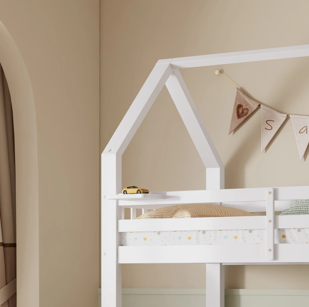 Letto a castello per bambini con scala contenitore e 2 cassetti bianco