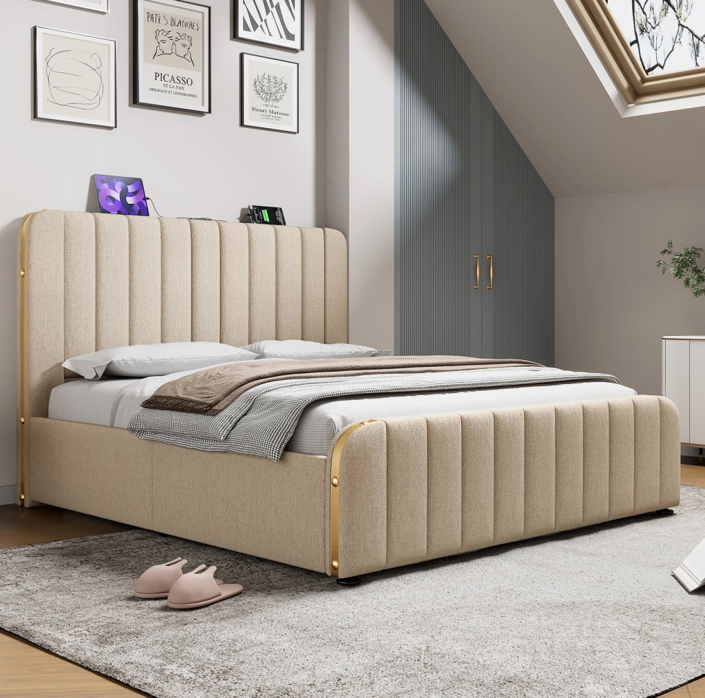 Letto matrimoniale imbottito con contenitore, USB Type-C e struttura in lino beige