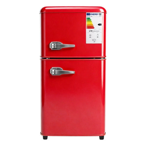 Frigorifero a doppia porta (86L) – controllo della temperatura a 7 livelli; classe di efficienza energetica E; luce a LED; ripiani regolabili e portauova – rosso