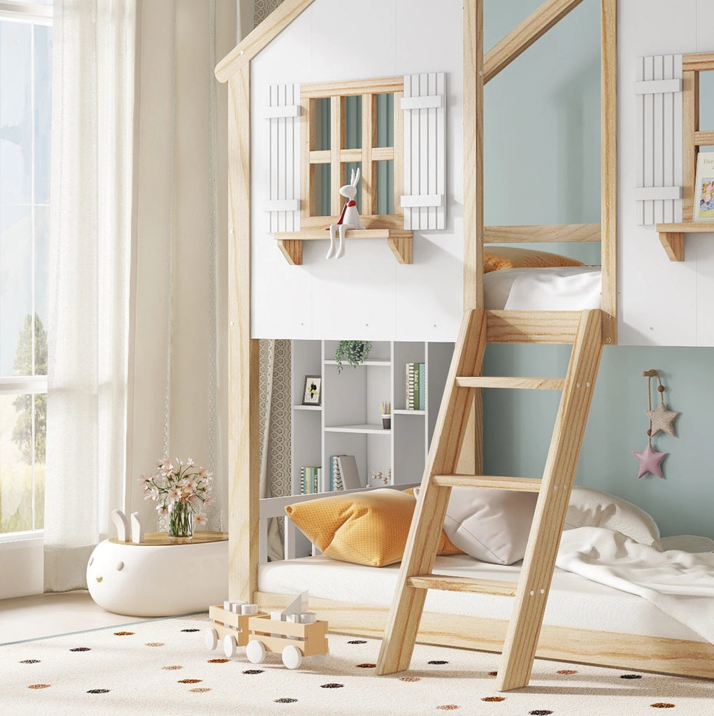 Letto a castello per bambini 90x200 cm con tetto e finestre