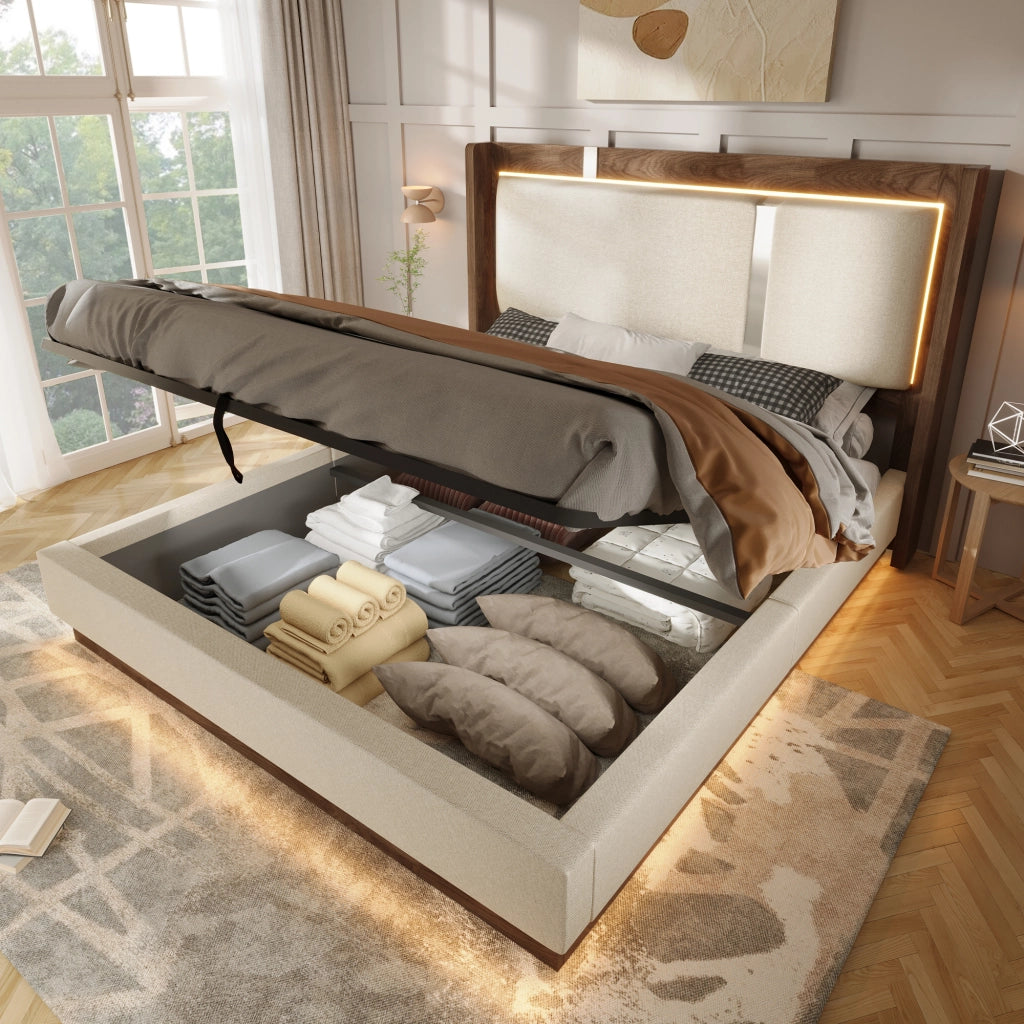 DESMIU Letto Contenitore 140 × 200 cm 2 Posti con LED, Contenitore Idraulico e senza Materasso, in Lino, Beige