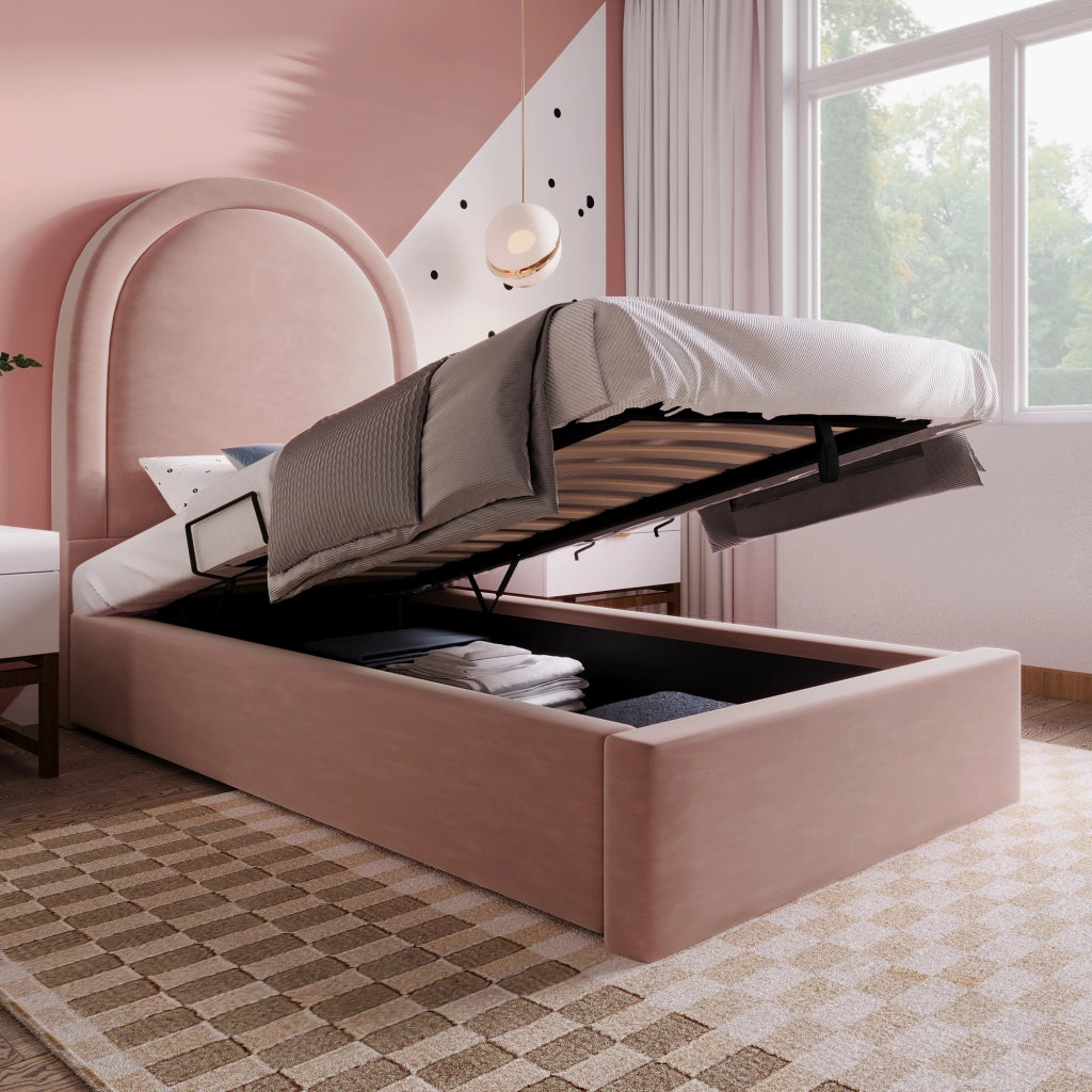 Letto singolo contenitore 90×200 cm con testiera; rete sollevabile; materasso incluso; velluto; rosa