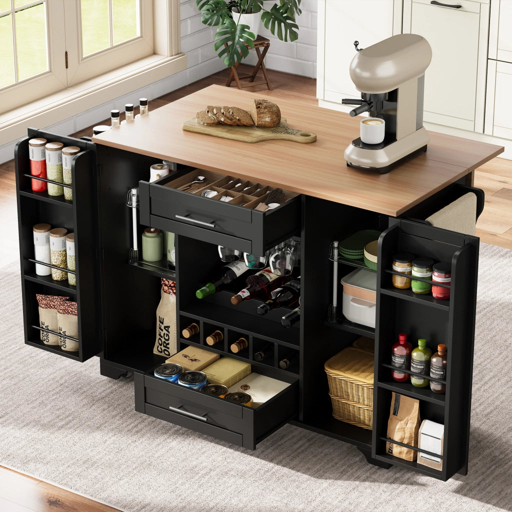 Carrello da Cucina Multifunzione con Piano Pieghevole, Portabottiglie, Portabicchieri ¨C Xylo ¨C Nero, 120x45x92 cm