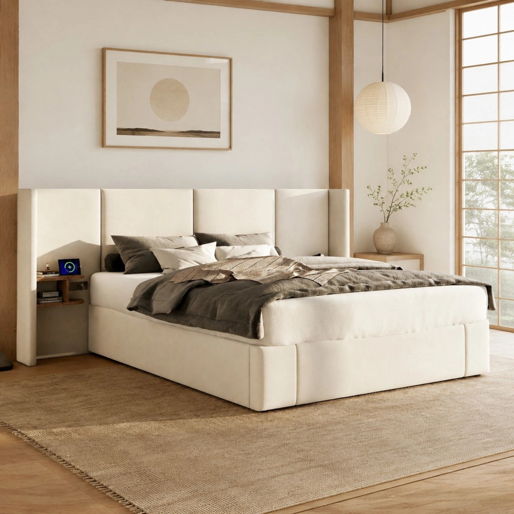 LETTO Contenitore 160x200 cm Velluto Beige con 2 comodini