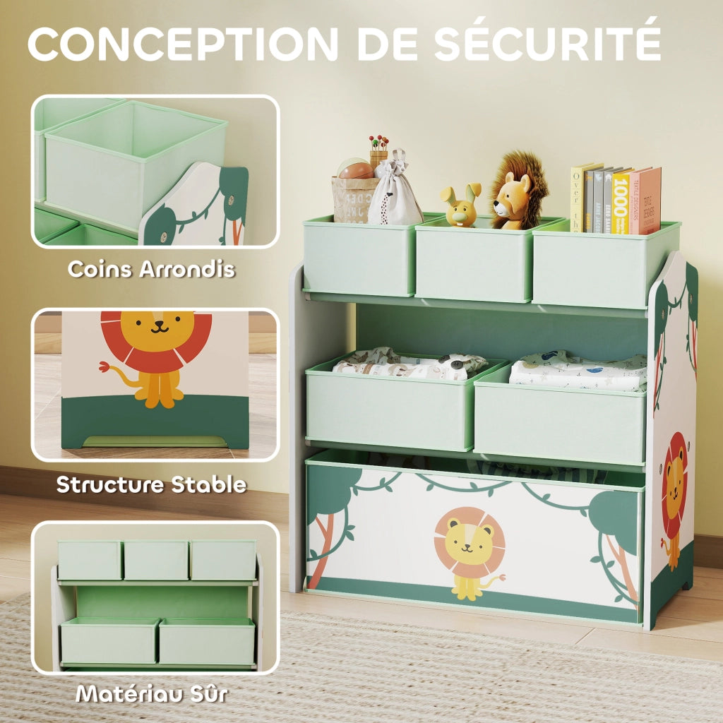Scaffale per bambini a 3 ripiani con 6 scatole in tessuto ¨C zephmum ¨C verde