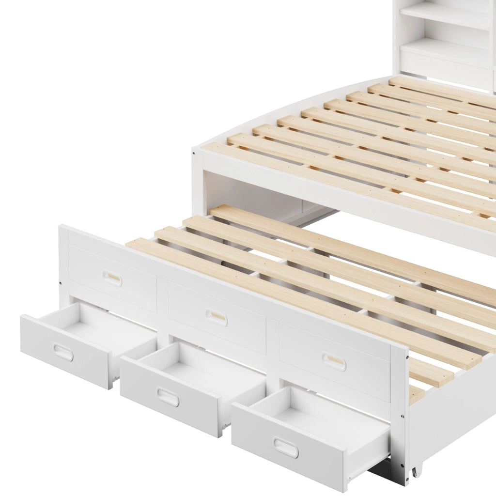 LETTO estraibile 140x200 cm Bianco con LED, 3 cassetti