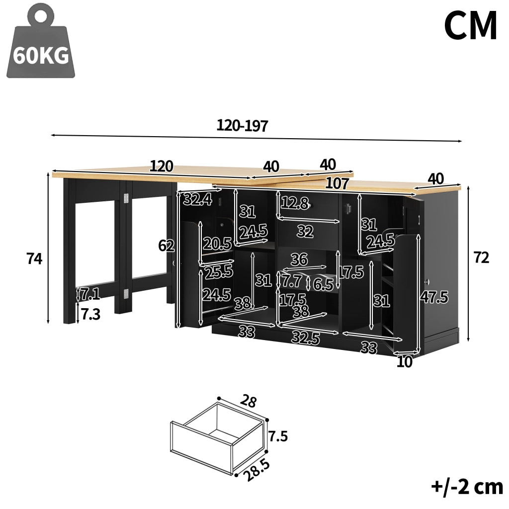 TAVOLO Cucina allungabile 120-197x40x74 cm girevole 360° MDF nero