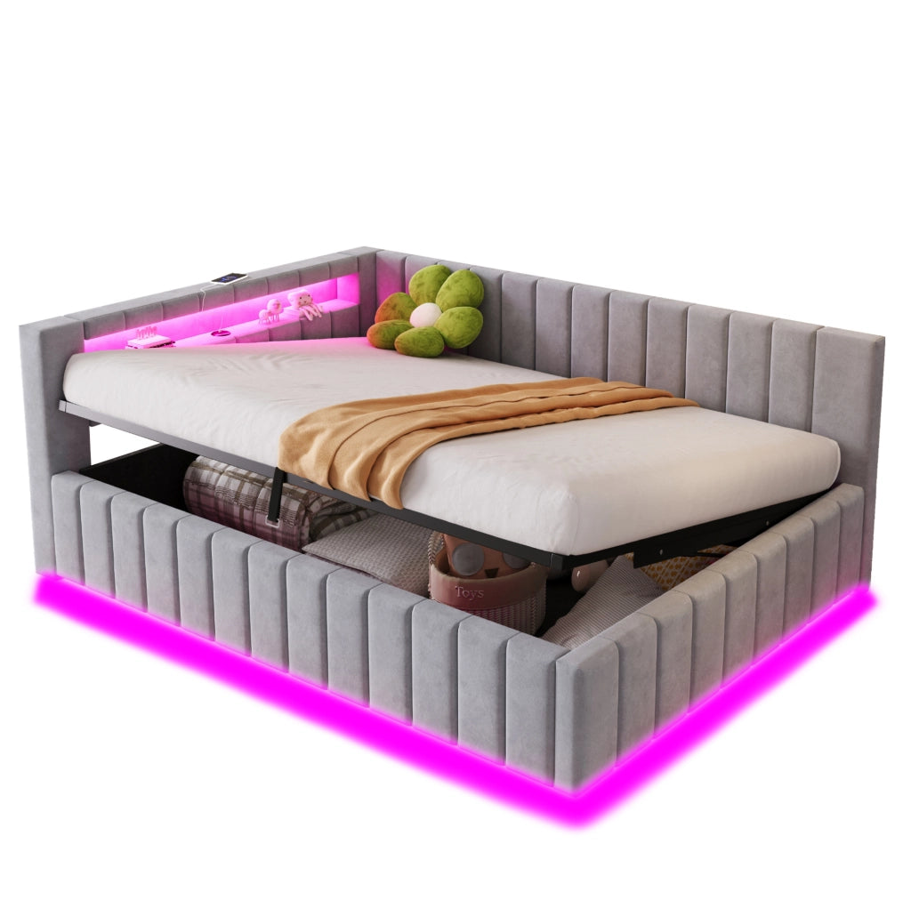 Letto imbottito 140x200 con contenitore idraulico, LED e USB grigio