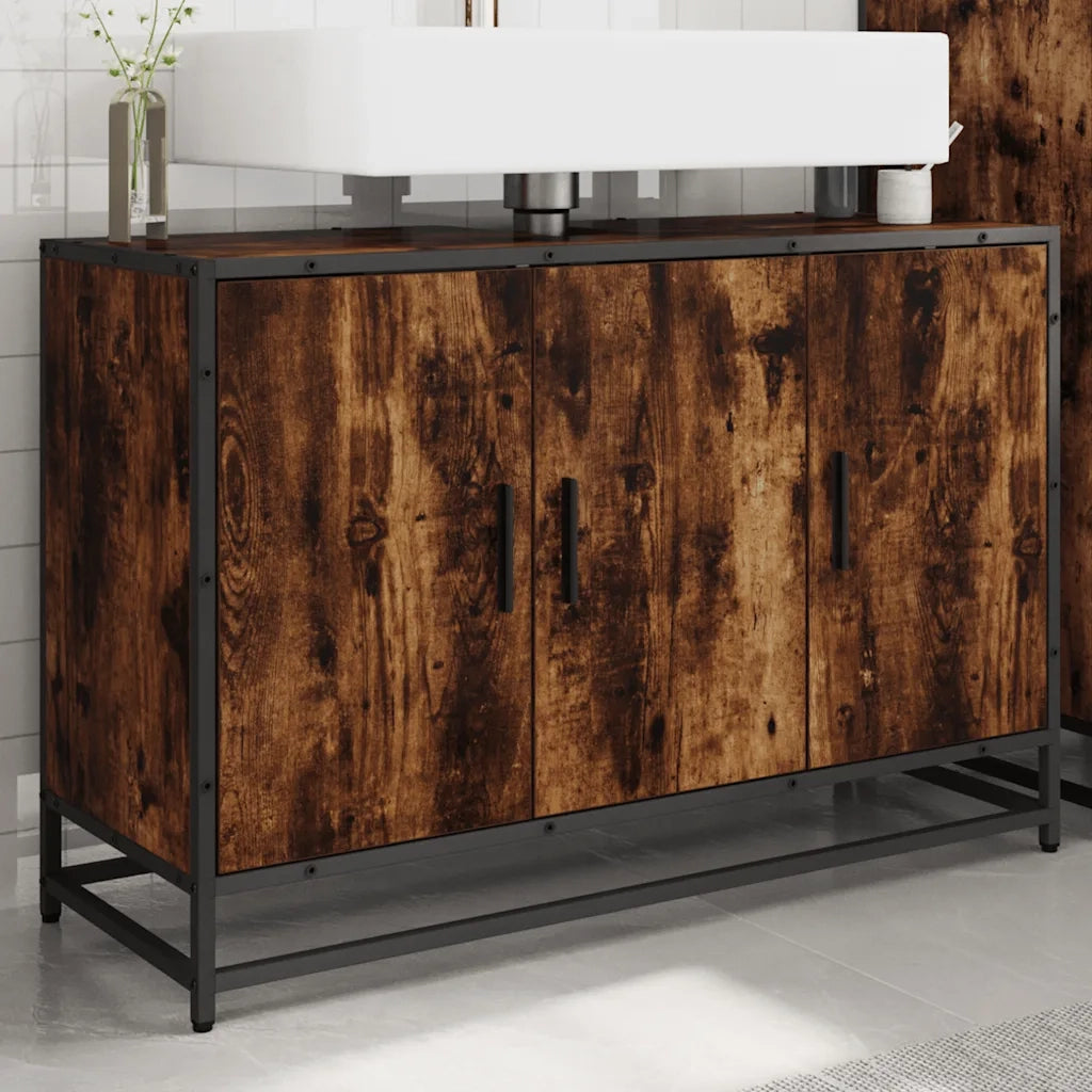 Mobile Lavabo Bagno-Armadietto da bagno Rovere Fumo 90x33x60 cm Legno Multistrato