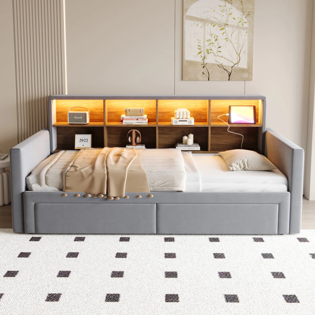 Letto imbottito estraibile 90x190 cm con contenitori, LED e prese