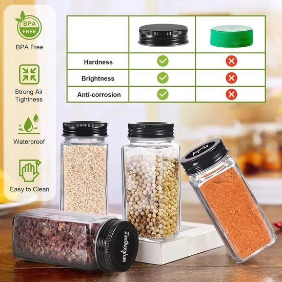 24 contenitori di spezie in vetro 120 ml, set rettangolare con cucchiaio e etichette, accessori da cucina in vetro nero