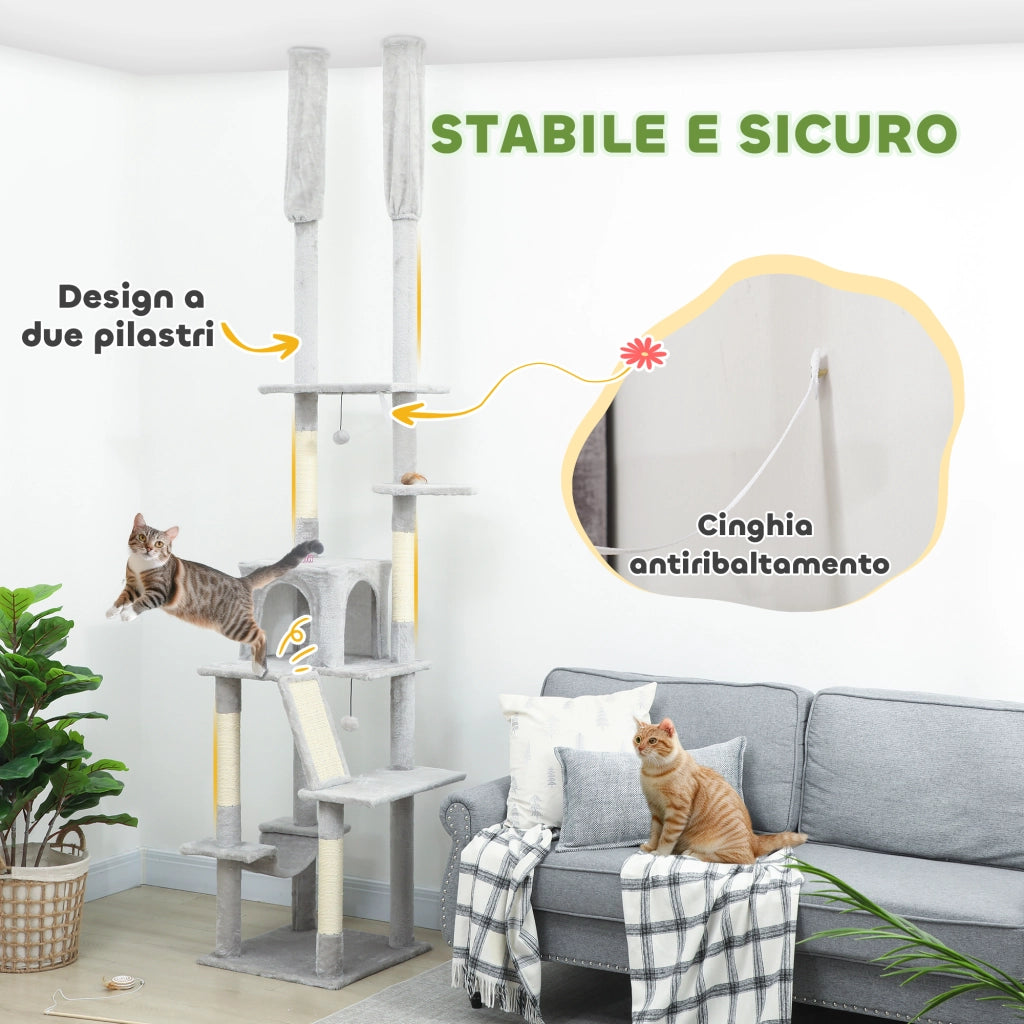 Albero Tiragraffi con Casetta e Amaca ¨C Minimal ¨C Grigio Chiaro 225-255 cm
