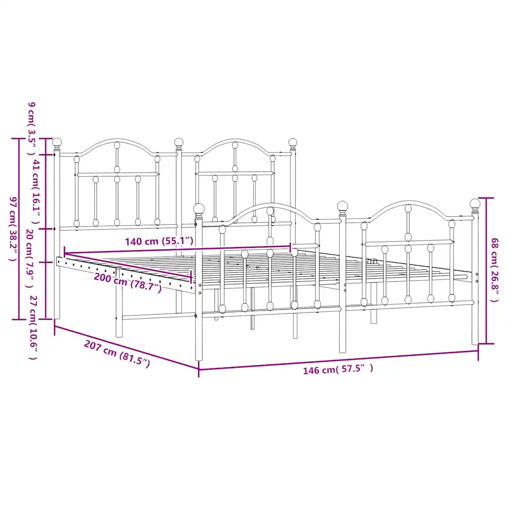 Letto matrimoniale | Letto per adulti | Giroletto con Testiera e Pediera Metallo Nero 140x200 cm