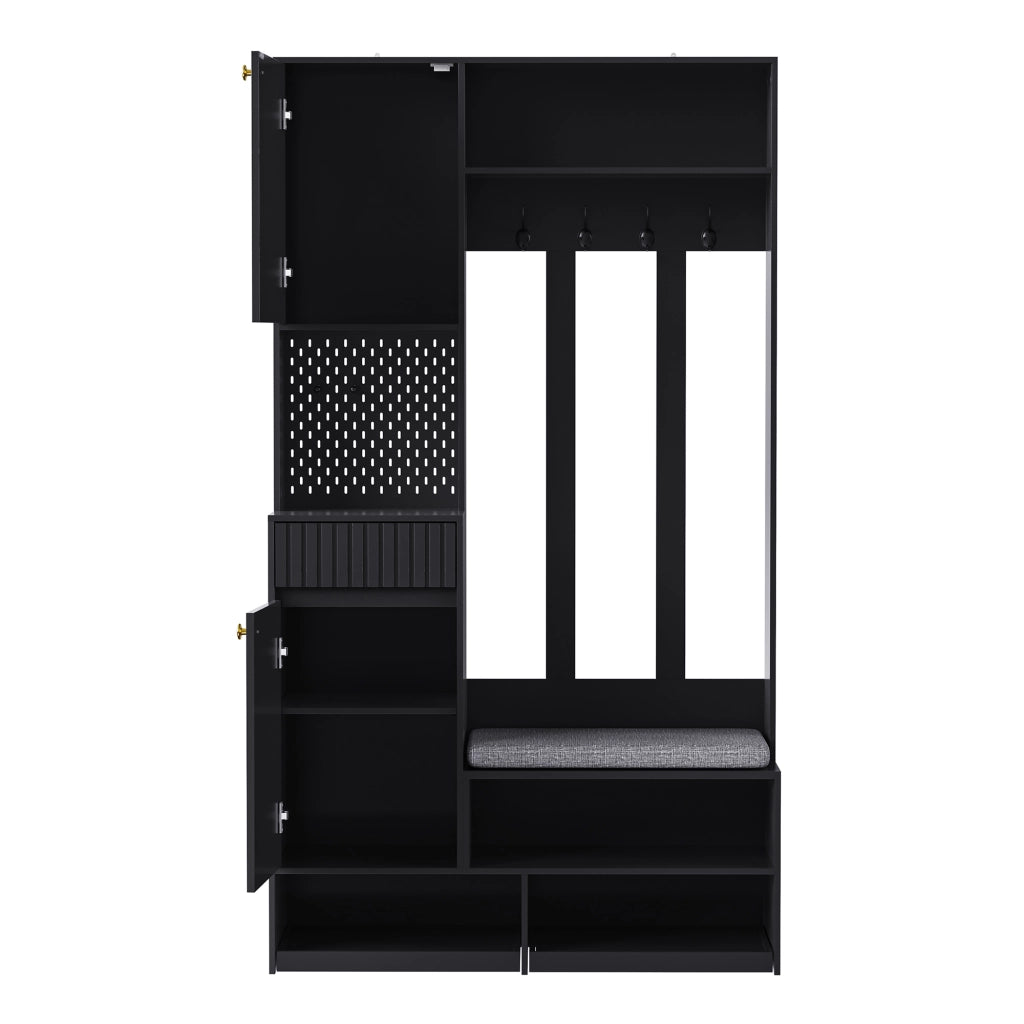 Set Ingresso con Panca, Ante, Cassetti e Ganci ¨C MINIMAL ¨C Nero 100¡Á180¡Á35 cm