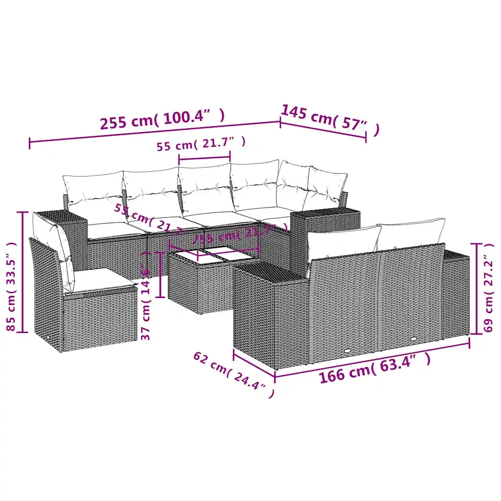 Set Divani da Giardino 9pz con Cuscini Marrone in Polyrattan