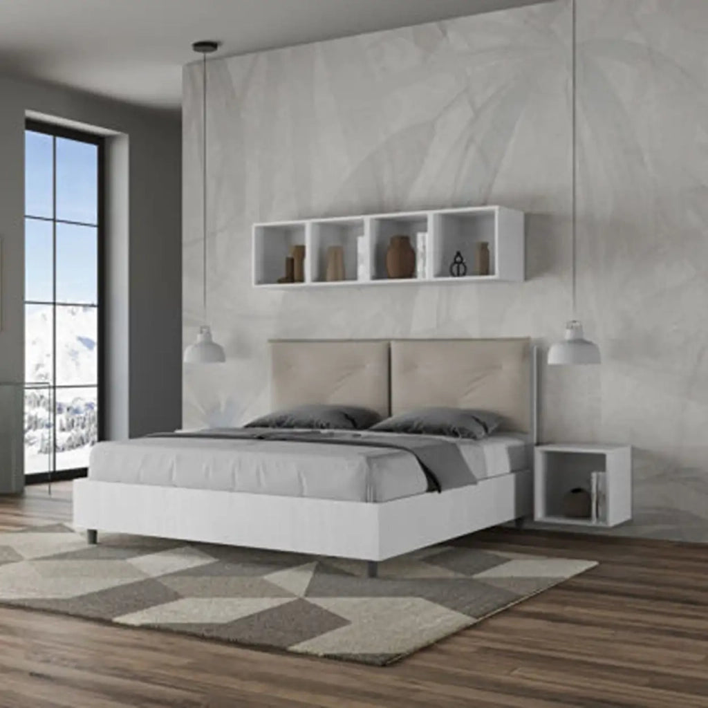 Letto matrimoniale senza rete 160x190 bianco frassino cuscini similpelle tortora Egos Appia