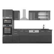 Cucina componibile R-Line Antracite lucido/Antracite 300 cm con armadio alto, PL Antracite Vicco