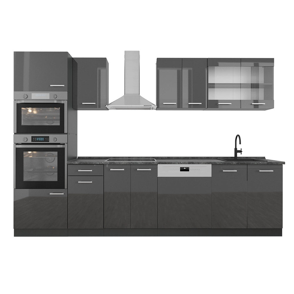 Cucina componibile R-Line Antracite lucido/Antracite 300 cm con armadio alto, PL Antracite Vicco