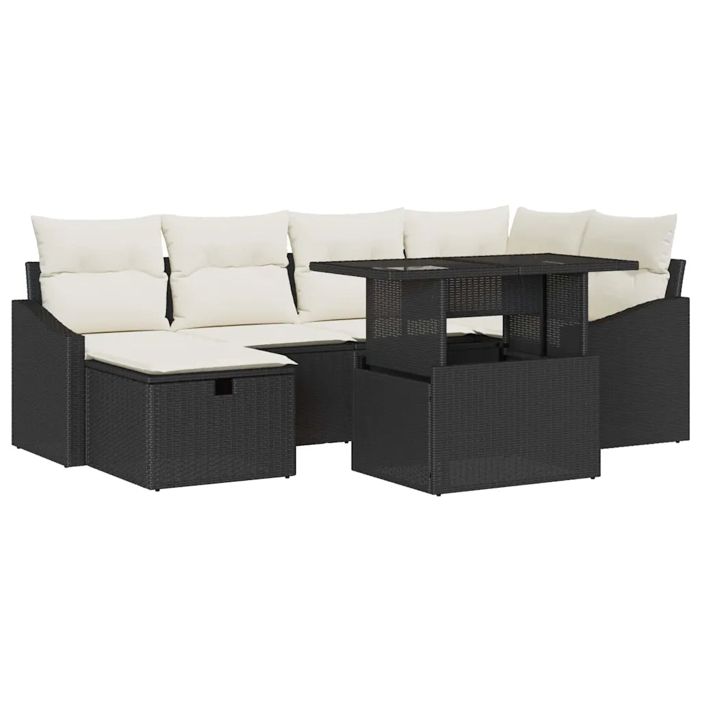 Set Divano da Giardino con cuscino 7 pcs Nero Poly Rattan