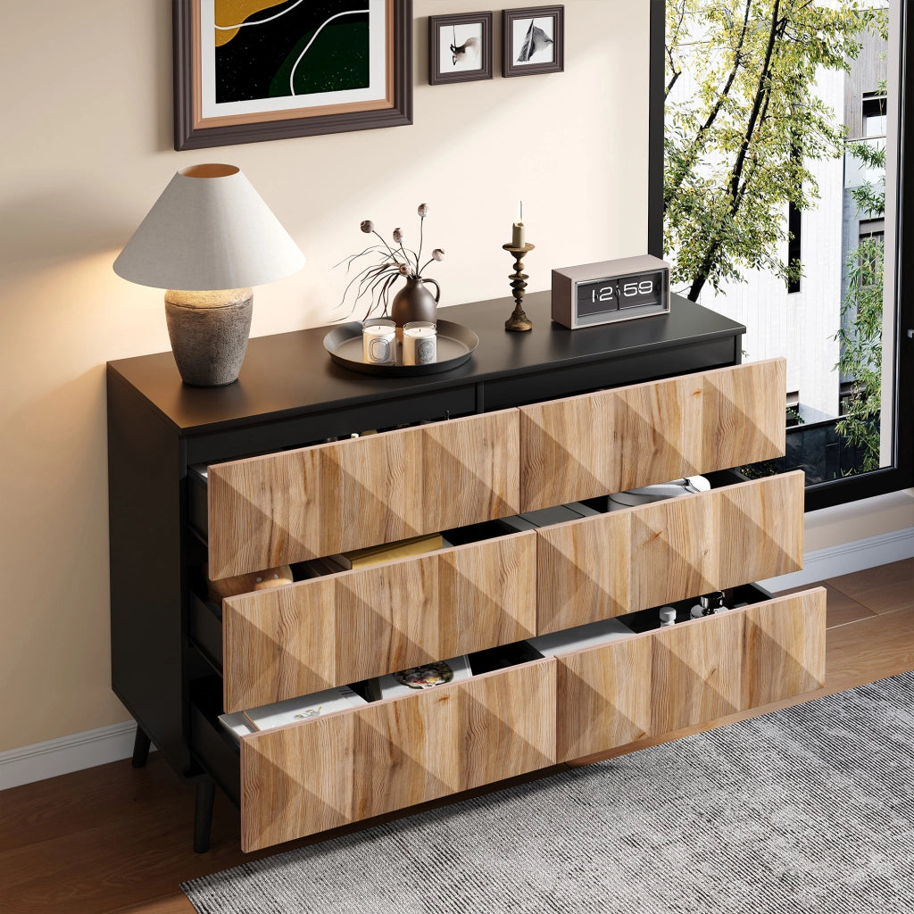 CREDENZA 120x40x85 cm 6 Cassetti Nero e Legno MDF